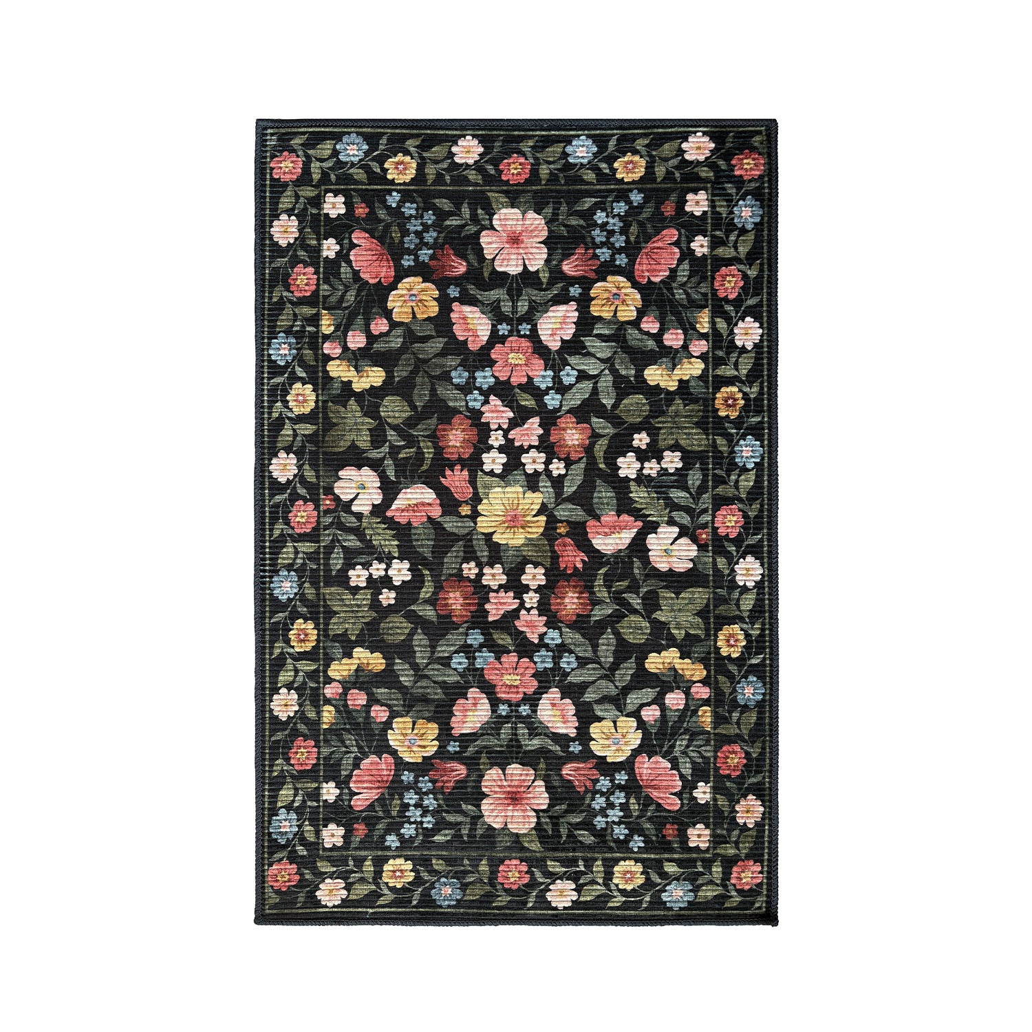 Home Co. Soft Ribbed Everly Rug (120 × 180cm) in Charcoal, featuring a colourful botanical floral pattern with pink, yellow, blue and cream flowers on a charcoal background with a textured ribbed finish.