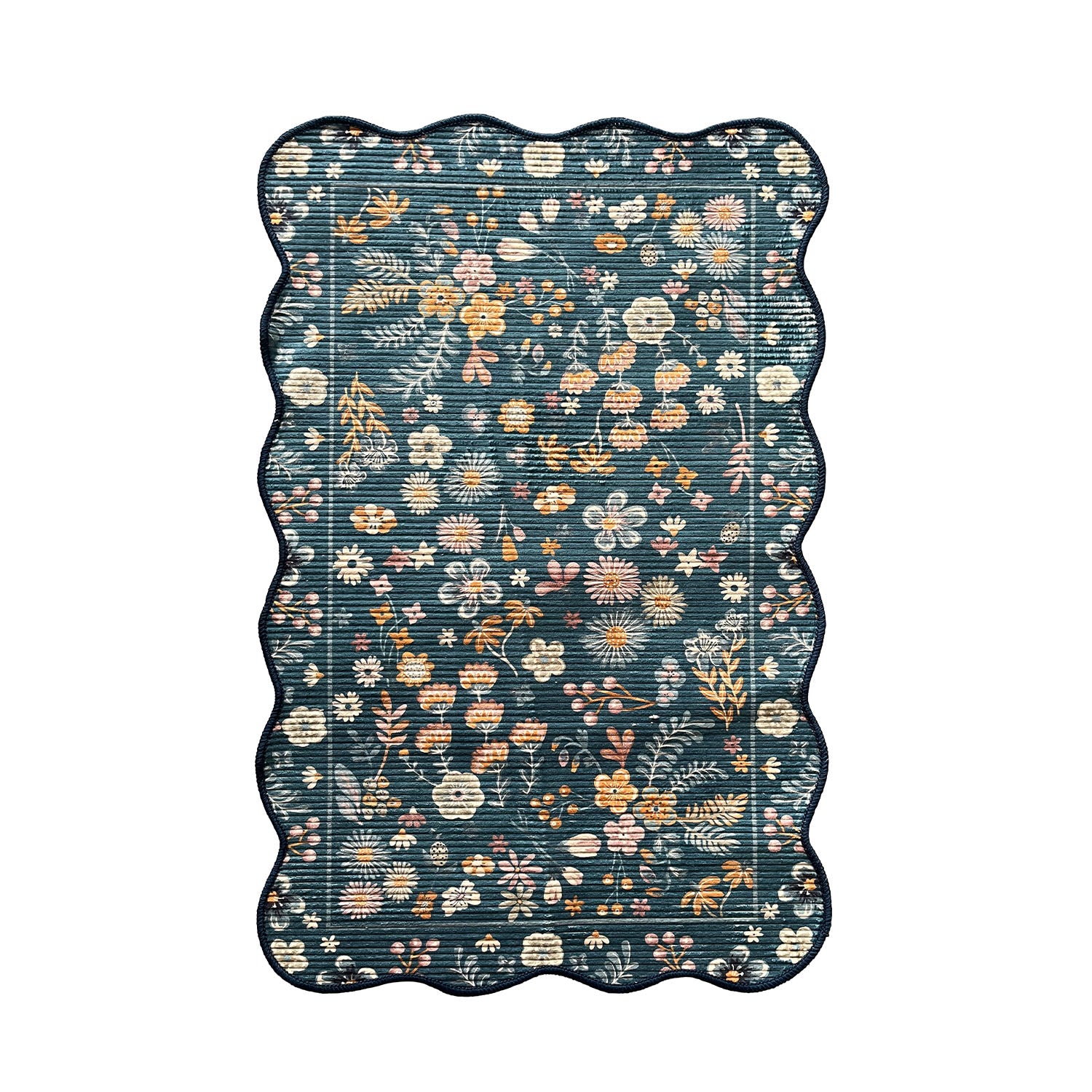 Home Co. Ribbed Scallop Everly Rug (120 × 180cm) in Teal, featuring a scalloped edge and an all-over floral botanical print in soft cream, blush, mustard and peach tones with a textured ribbed finish.