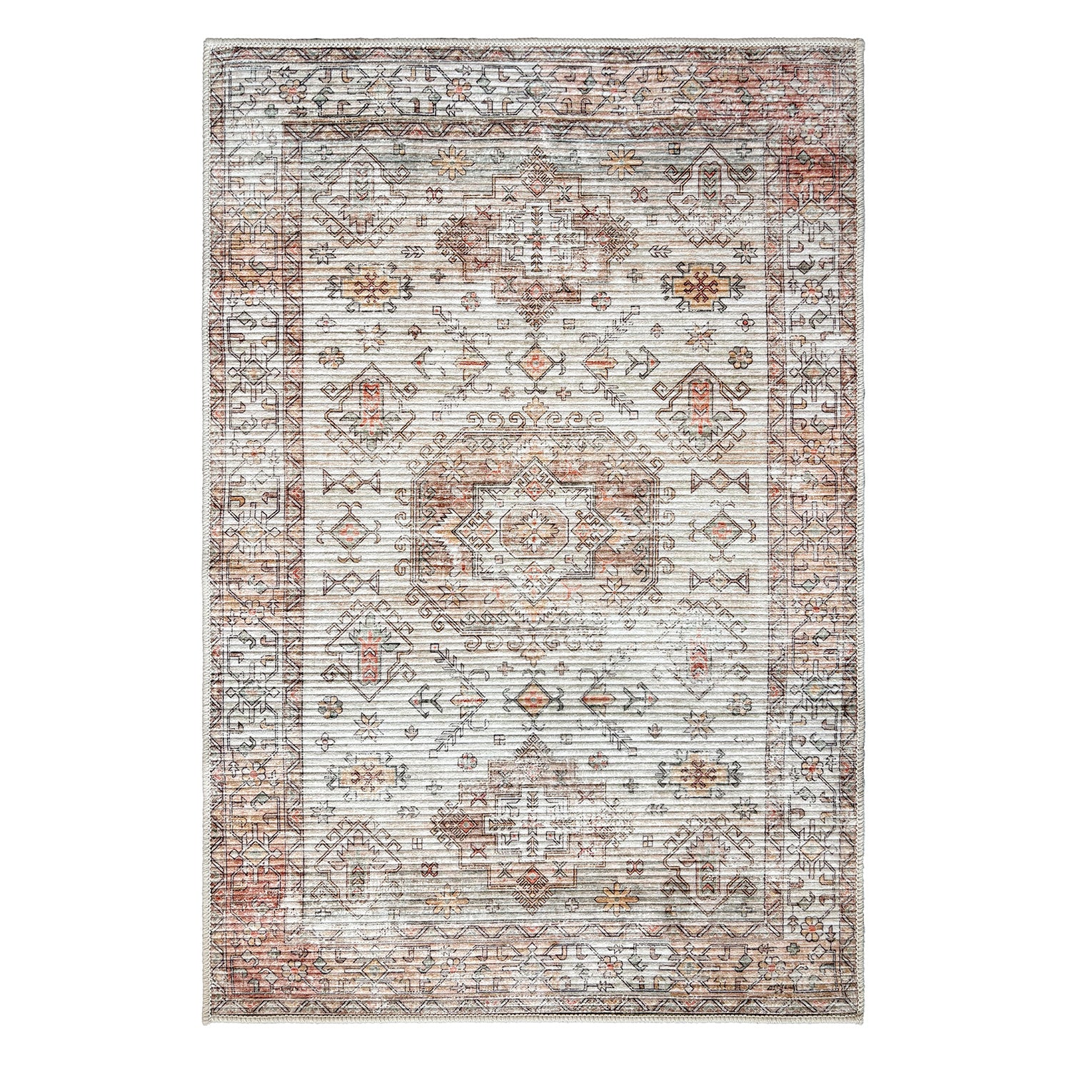 Home Co. Soft Ribbed Everly Rug (200 × 300cm) in Pink, featuring a distressed Retro-inspired pattern with geometric motifs in soft pink, ivory, taupe, and warm neutral tones.