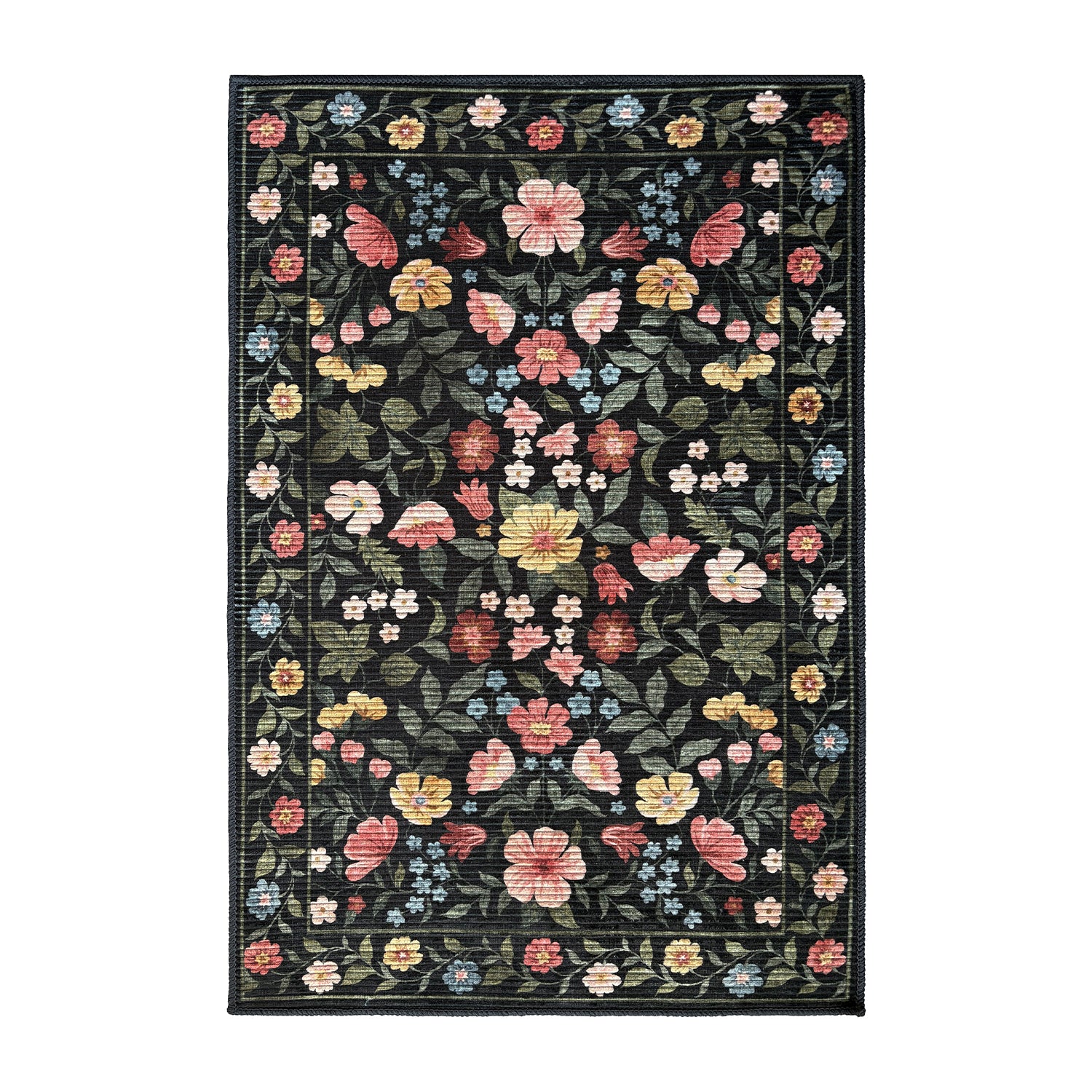 Home Co. Soft Ribbed Everly Rug (160 × 230cm) in Charcoal, featuring a colourful botanical floral pattern with pink, yellow, blue and cream flowers on a charcoal background with a textured ribbed finish.
