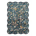 Home Co. Ribbed Scallop Everly Rug (160 × 230cm) in Teal, featuring a scalloped edge and an all-over floral botanical print in soft cream, blush, mustard and peach tones with a textured ribbed finish.