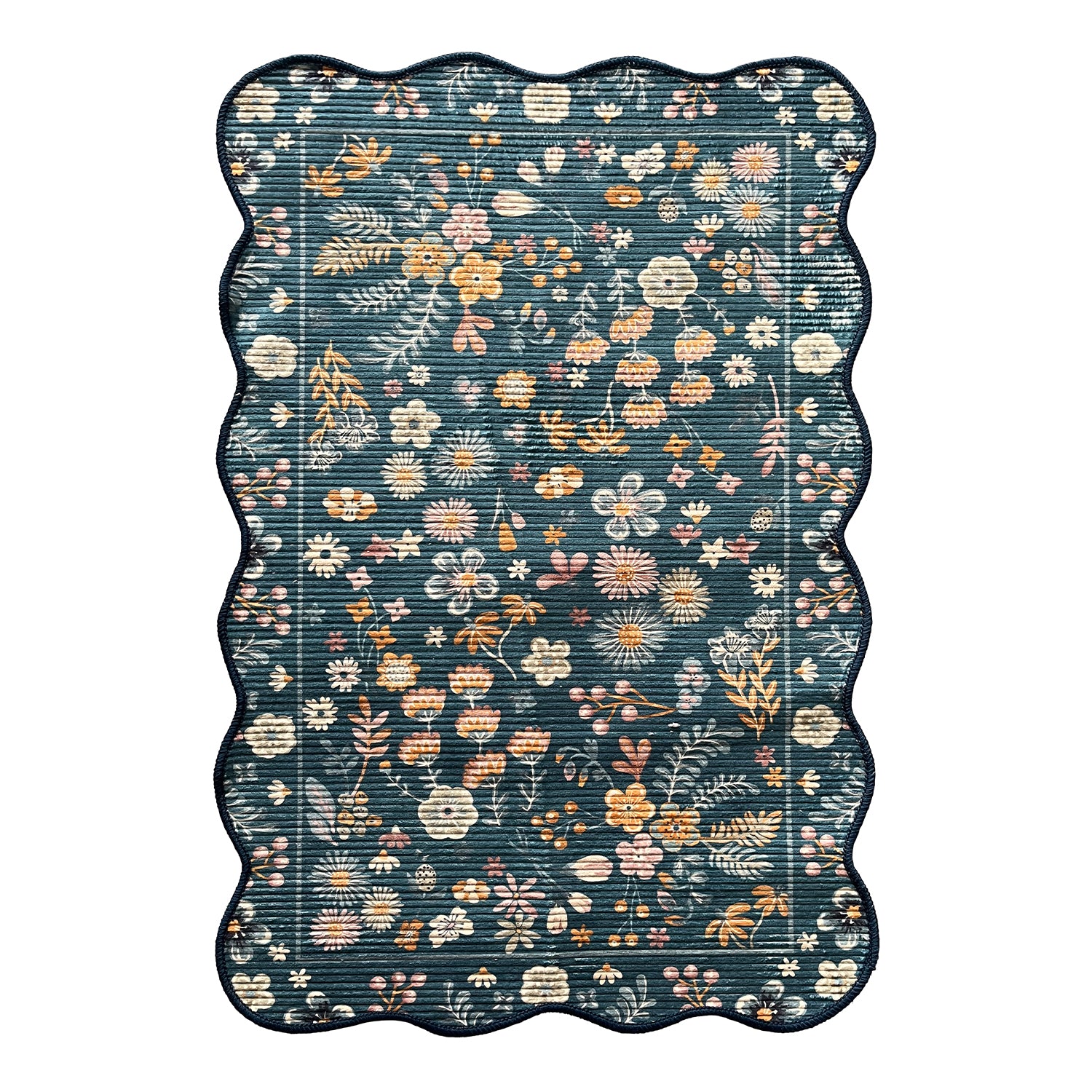 Home Co. Ribbed Scallop Everly Rug (160 × 230cm) in Teal, featuring a scalloped edge and an all-over floral botanical print in soft cream, blush, mustard and peach tones with a textured ribbed finish.