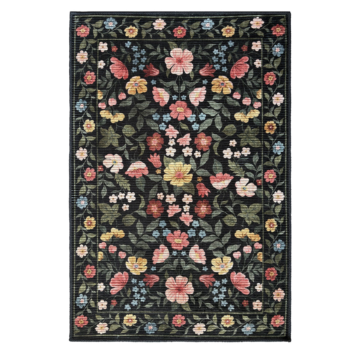 Home Co. Soft Ribbed Everly Rug (200 × 300cm) in Charcoal, featuring a colourful botanical floral pattern with pink, yellow, blue and cream flowers on a charcoal background with a textured ribbed finish.
