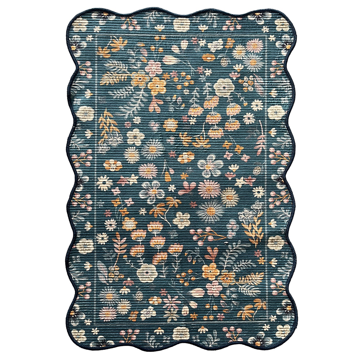 Home Co. Ribbed Scallop Everly Rug (200 × 300cm) in Teal, featuring a scalloped edge and an all-over floral botanical print in soft cream, blush, mustard and peach tones with a textured ribbed finish.