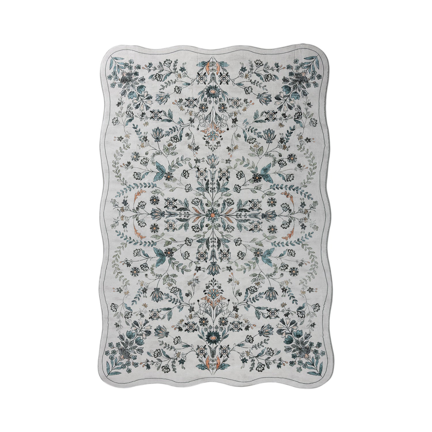 A rectangular area rug with scalloped edges, featuring an intricate floral and botanical damask pattern in muted blue, gray, black, and subtle orange accents on a light gray background.