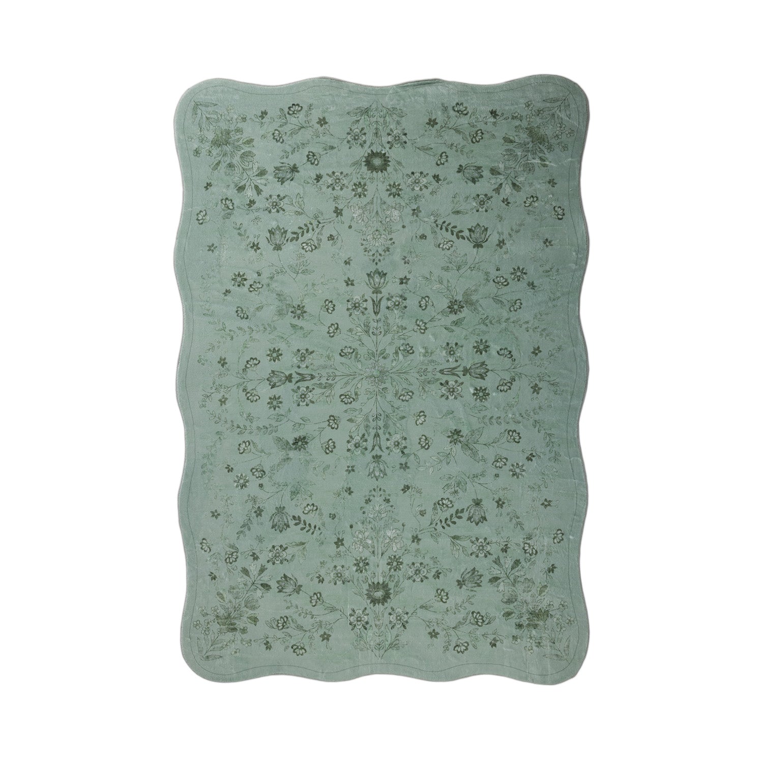 A rectangular area rug with scalloped edges, featuring a muted sage green base with a darker olive green traditional floral medallion pattern, shown against a plain white background.