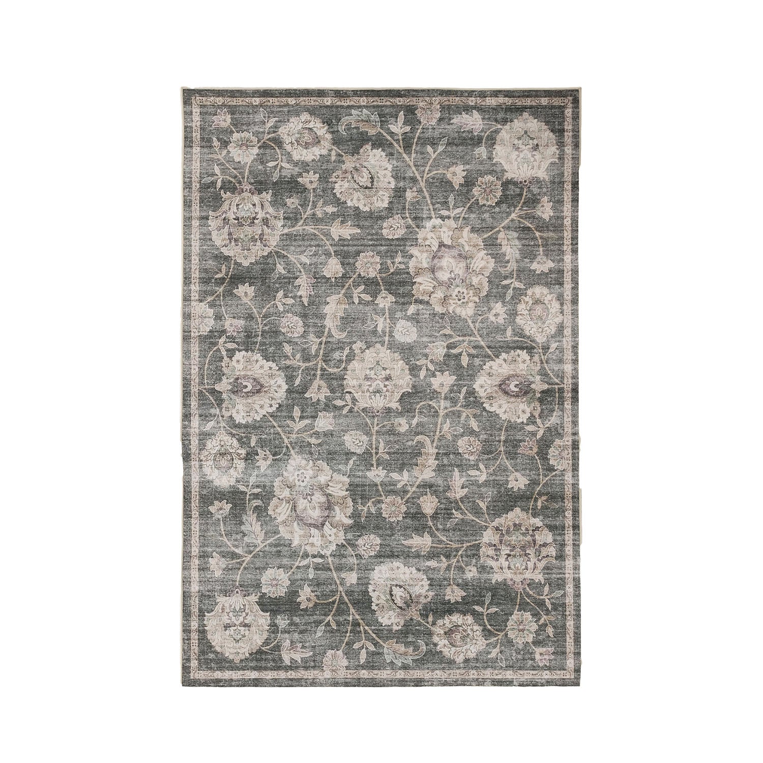 Design Republique Vali Floral Chenille Rug (120 × 180cm) in Natural, featuring an elegant vintage-inspired floral design with scrolling vines and large botanical motifs in soft natural, taupe, and charcoal tones.