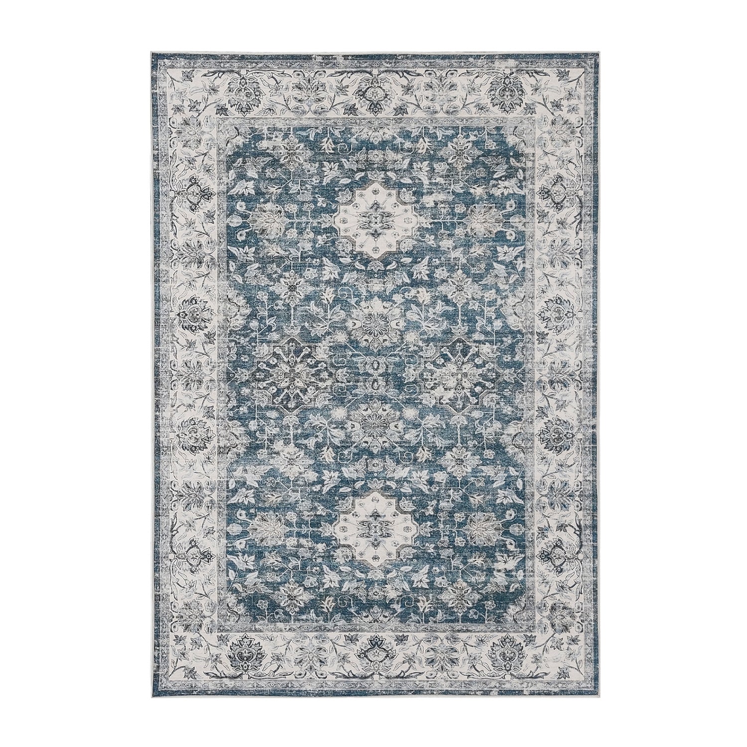Design Republique Vali Border Chenille Rug (160 × 230cm) in Blue, featuring a distressed vintage-inspired floral medallion design in soft blue, ivory, and grey tones with an ornate decorative border.