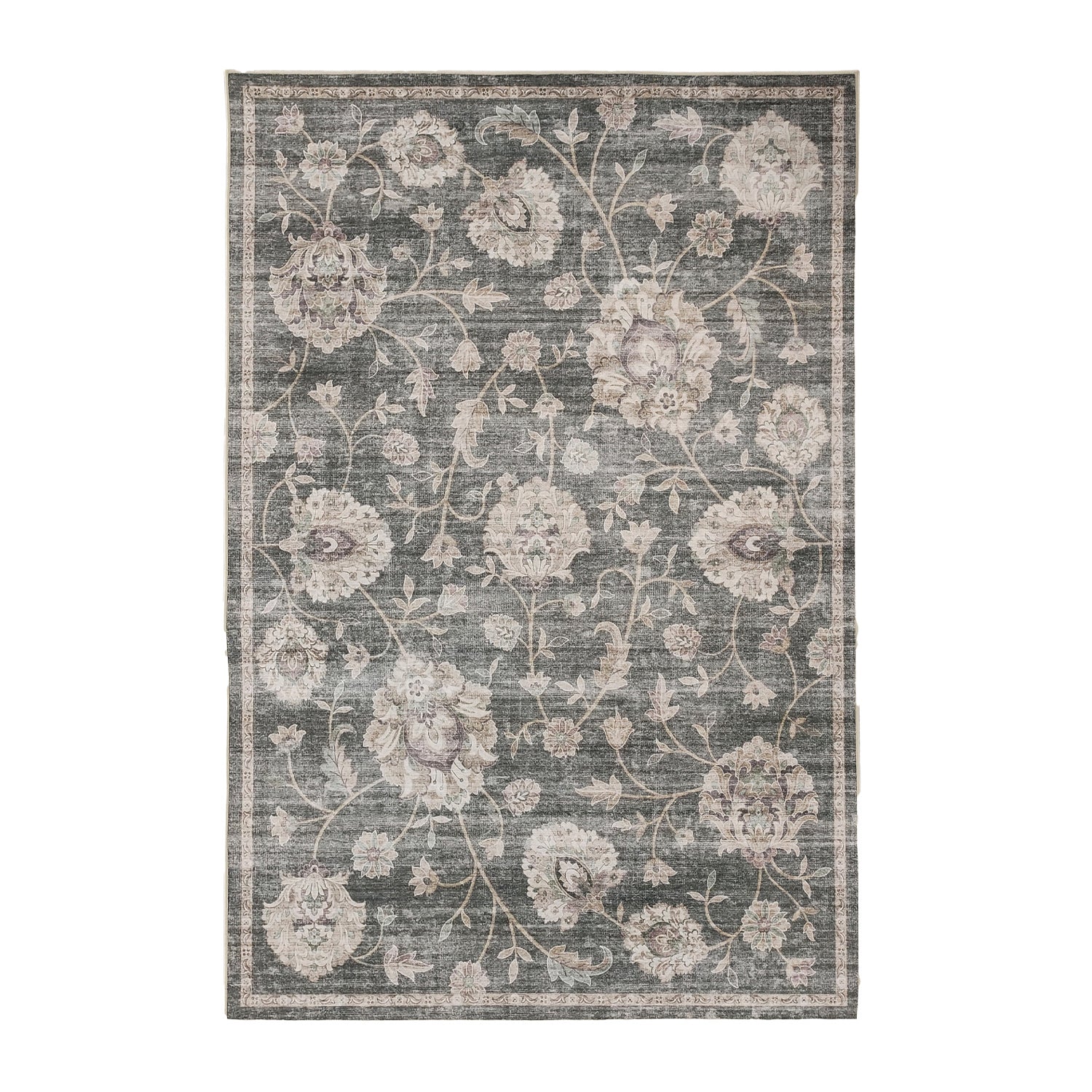 Design Republique Vali Floral Chenille Rug (160 × 230cm) in Natural, featuring an elegant vintage-inspired floral design with scrolling vines and large botanical motifs in soft natural, taupe, and charcoal tones.