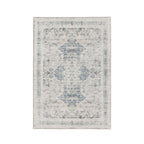 Design Republique Vali Border Chenille Rug (120 × 180cm) in Silver, featuring a distressed vintage-inspired medallion design in soft silver, ivory, and light grey tones with an elegant decorative border.
