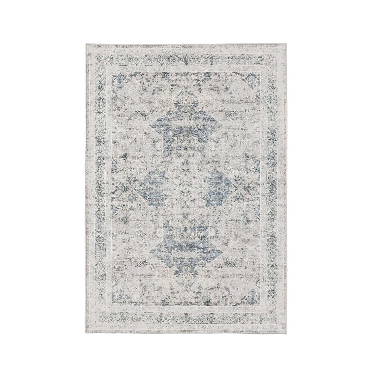 Design Republique Vali Border Chenille Rug (120 × 180cm) in Silver, featuring a distressed vintage-inspired medallion design in soft silver, ivory, and light grey tones with an elegant decorative border.