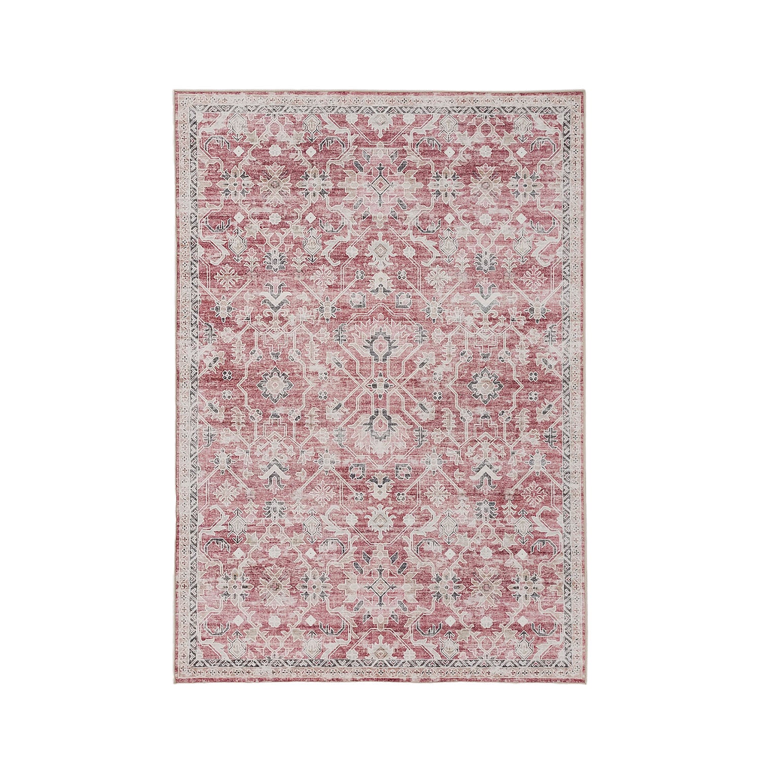 Design Republique Vali Abstract Chenille Rug (120 × 180cm) in Brick, featuring a distressed geometric tribal-inspired pattern in warm brick, ivory, taupe, and charcoal tones with a subtle decorative border.