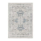 Design Republique Vali Border Chenille Rug (160 × 230cm) in Silver, featuring a distressed vintage-inspired medallion design in soft silver, ivory, and light grey tones with an elegant decorative border.