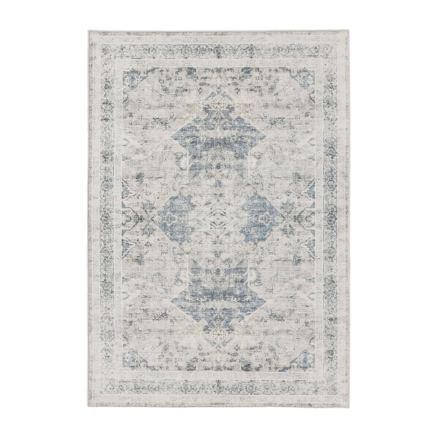 Design Republique Vali Border Chenille Rug (160 × 230cm) in Silver, featuring a distressed vintage-inspired medallion design in soft silver, ivory, and light grey tones with an elegant decorative border.