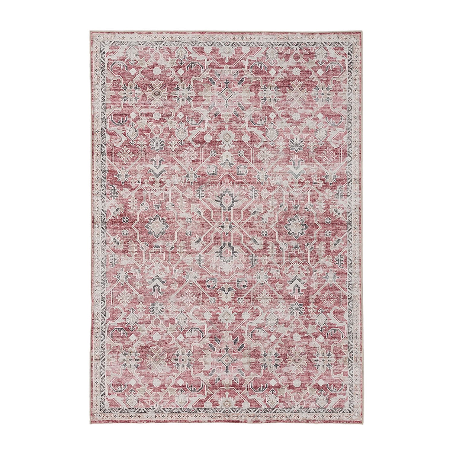 Design Republique Vali Abstract Chenille Rug (160 × 230cm) in Brick, featuring a distressed geometric tribal-inspired pattern in warm brick, ivory, taupe, and charcoal tones with a subtle decorative border.