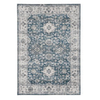 Design Republique Vali Border Chenille Rug (200 x 300cm) in Blue, featuring a distressed vintage-inspired floral pattern with an ornate border in soft blue, ivory, and grey tones.