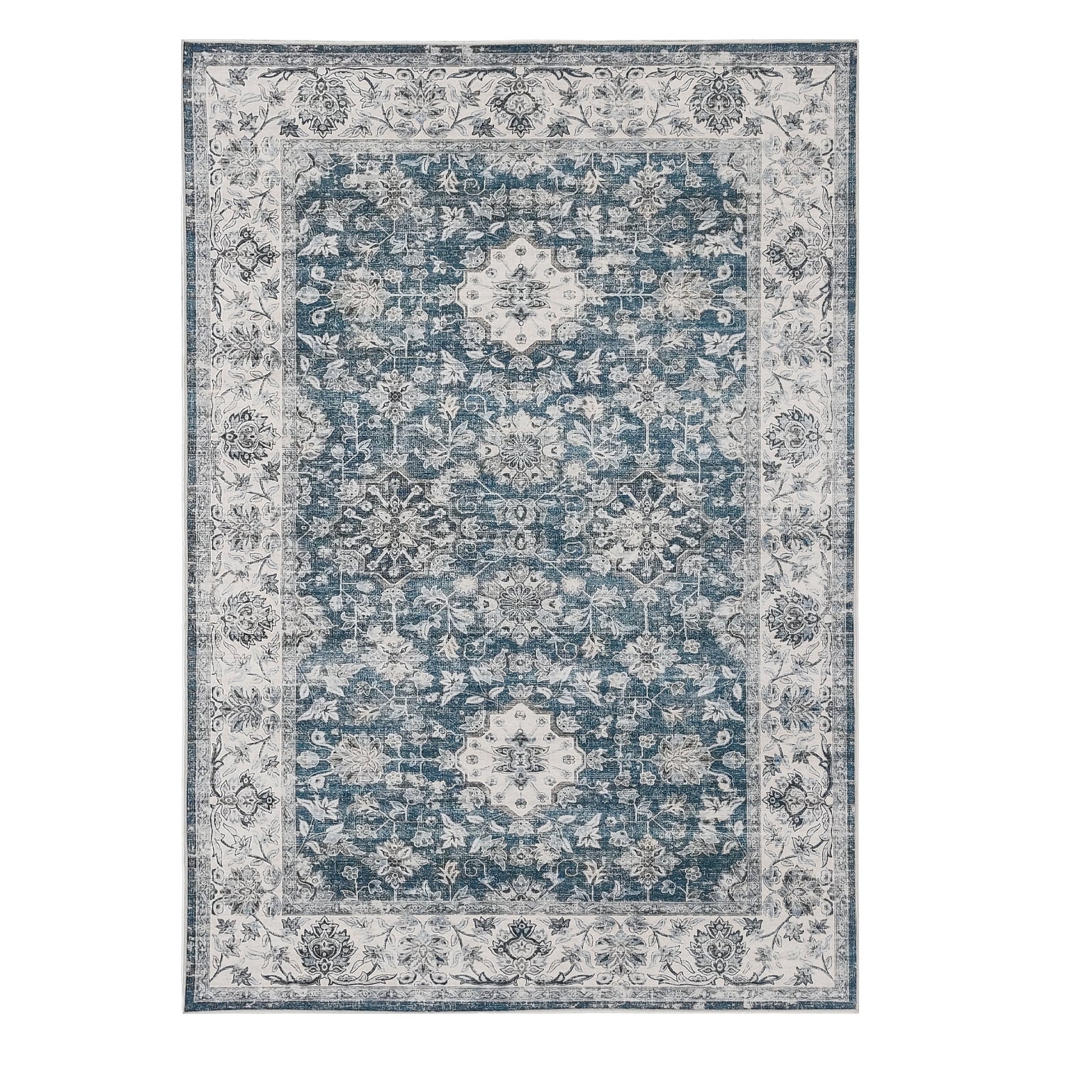 Design Republique Vali Border Chenille Rug (200 x 300cm) in Blue, featuring a distressed vintage-inspired floral pattern with an ornate border in soft blue, ivory, and grey tones.