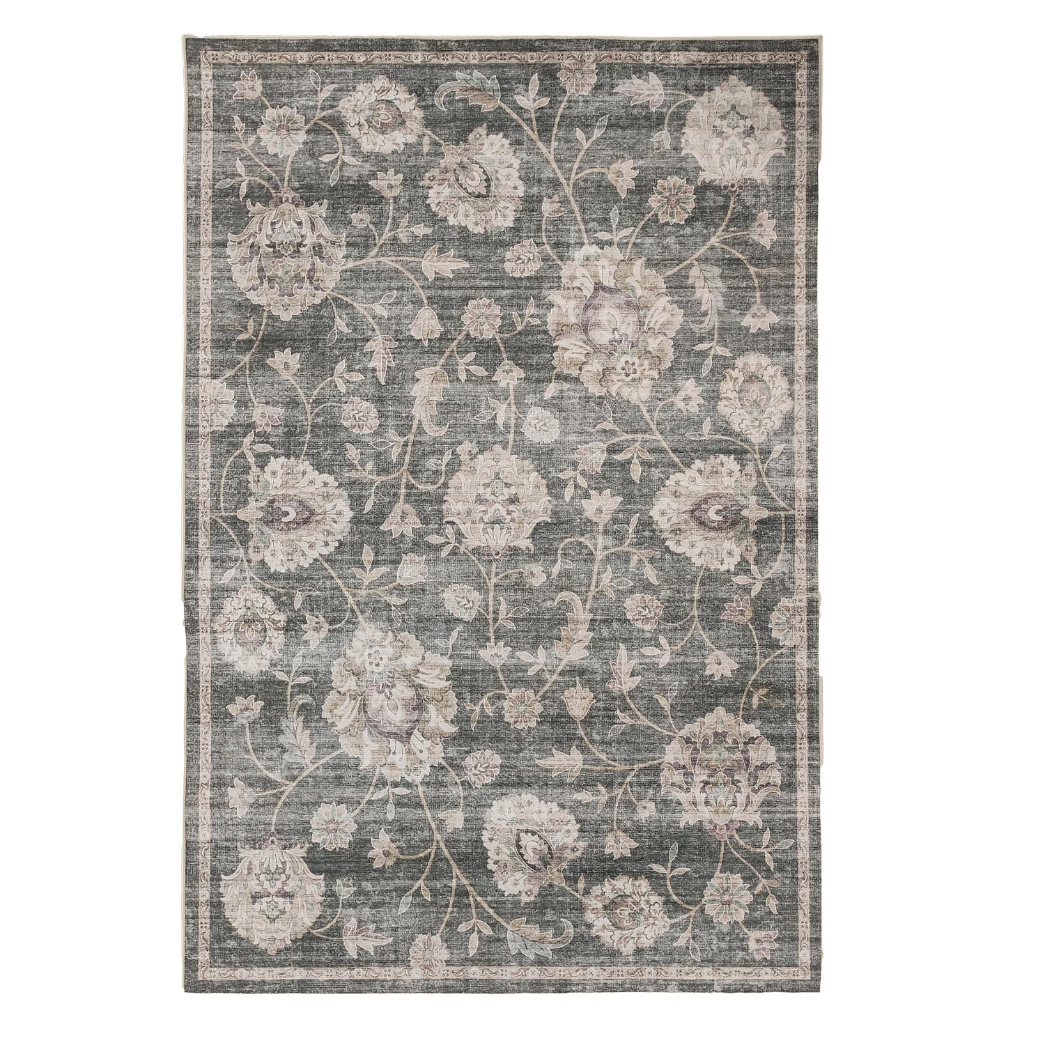 Design Republique Vali Floral Chenille Rug (200 x 300cm) in Natural, featuring an elegant distressed floral and vine design in soft natural, taupe, ivory, and muted charcoal tones with a refined decorative border.