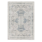 Design Republique Vali Border Chenille Rug (200 x 300cm) in Silver, featuring a distressed vintage-inspired medallion pattern with an ornate border in soft silver, ivory, and grey tones.
