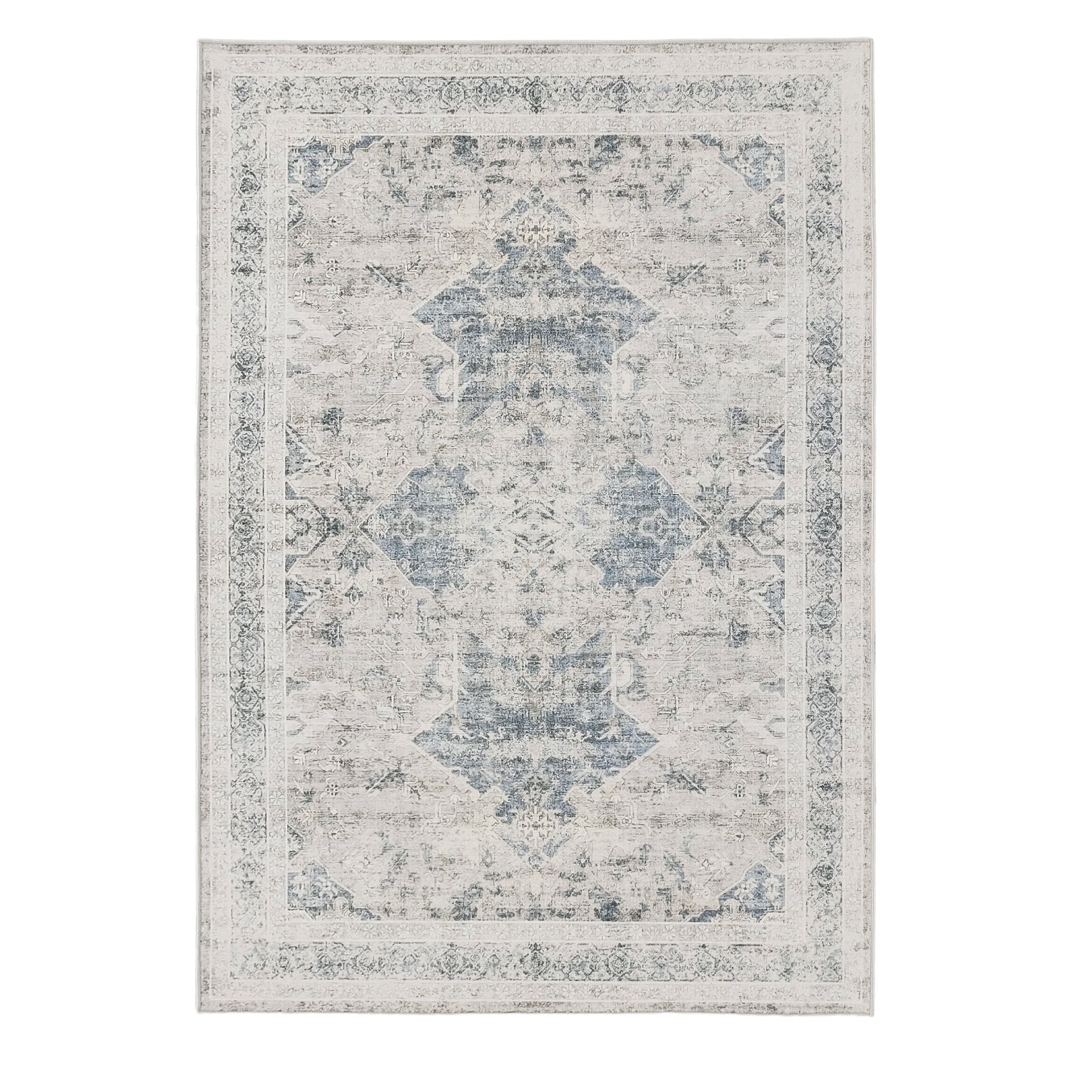 Design Republique Vali Border Chenille Rug (200 x 300cm) in Silver, featuring a distressed vintage-inspired medallion pattern with an ornate border in soft silver, ivory, and grey tones.