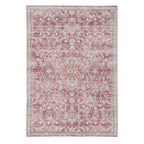 Design Republique Vali Abstract Chenille Printed Rug (200 x 300cm) in Brick, featuring a distressed vintage-inspired geometric pattern in warm brick red, ivory, taupe, and soft grey with an ornate border.