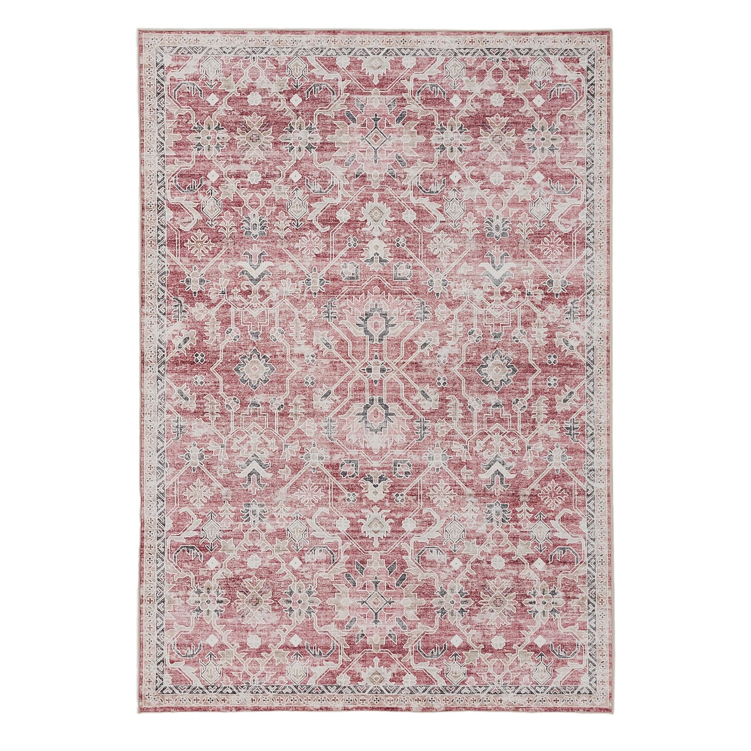Design Republique Vali Abstract Chenille Printed Rug (200 x 300cm) in Brick, featuring a distressed vintage-inspired geometric pattern in warm brick red, ivory, taupe, and soft grey with an ornate border.