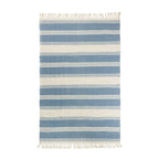 Home Co. Blue Stripe Rug (120 x 180cm) featuring alternating blue and natural woven stripes with decorative fringe edges on both ends.
