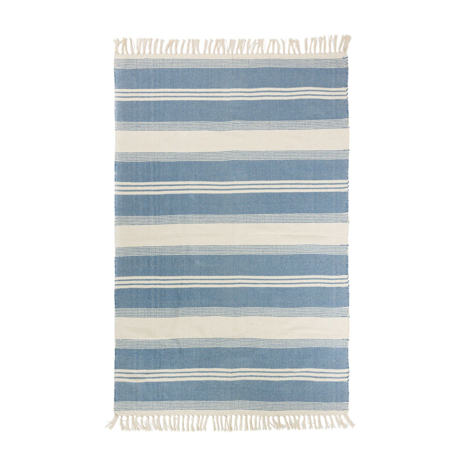 Home Co. Blue Stripe Rug (120 x 180cm) featuring alternating blue and natural woven stripes with decorative fringe edges on both ends.