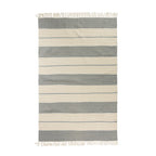 Home Co. Grey Stripe Rug (120 x 180cm) featuring alternating grey and natural woven stripes with decorative fringe edges on both ends.