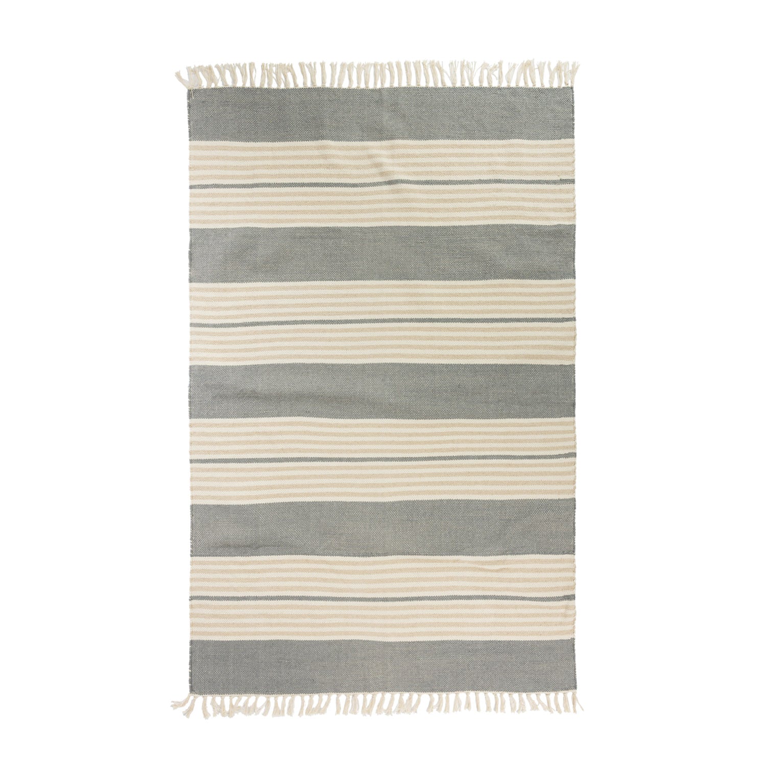 Home Co. Grey Stripe Rug (120 x 180cm) featuring alternating grey and natural woven stripes with decorative fringe edges on both ends.