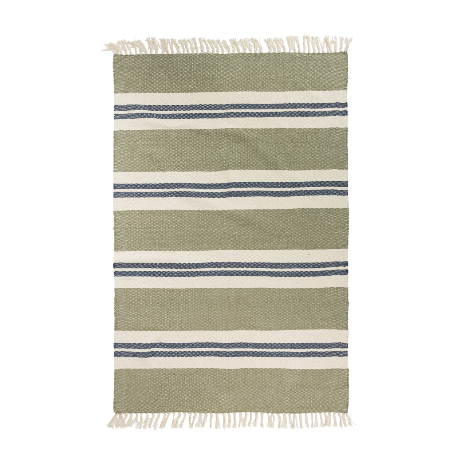 Home Co. Green Stripe Rug (120 x 180cm) featuring alternating grey and natural woven stripes with decorative fringe edges on both ends.
