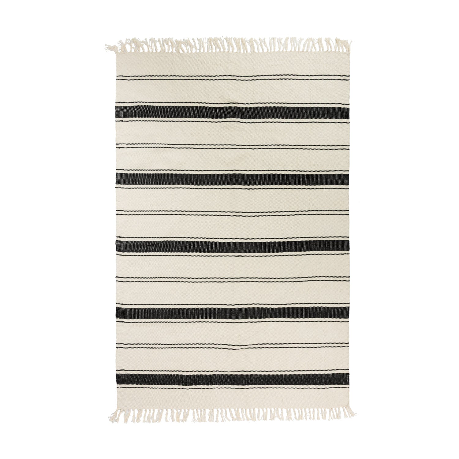 Home Co.  Natural Stripe Rug (120 x 180cm) featuring alternating grey and natural woven stripes with decorative fringe edges on both ends.