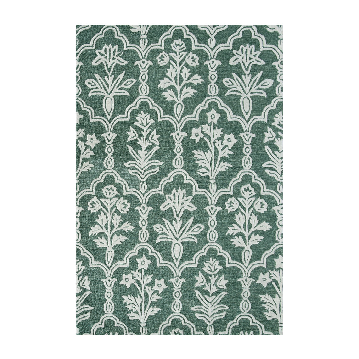 Forest green wool rug featuring an elegant repeating floral and trellis pattern in ivory, creating a classic, decorative design.
