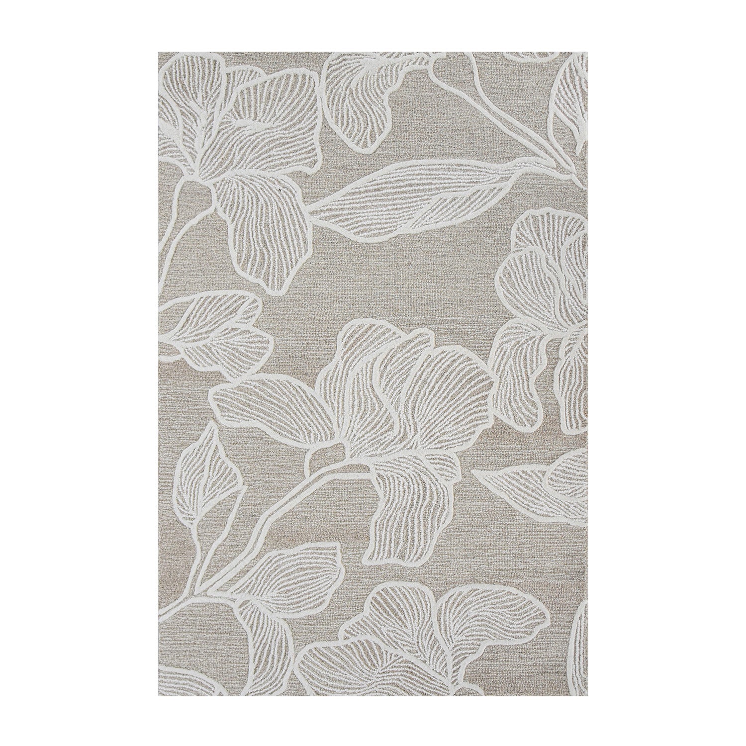 Biscotti-toned wool rug featuring oversized ivory floral outlines with a textured botanical design on a soft neutral background.