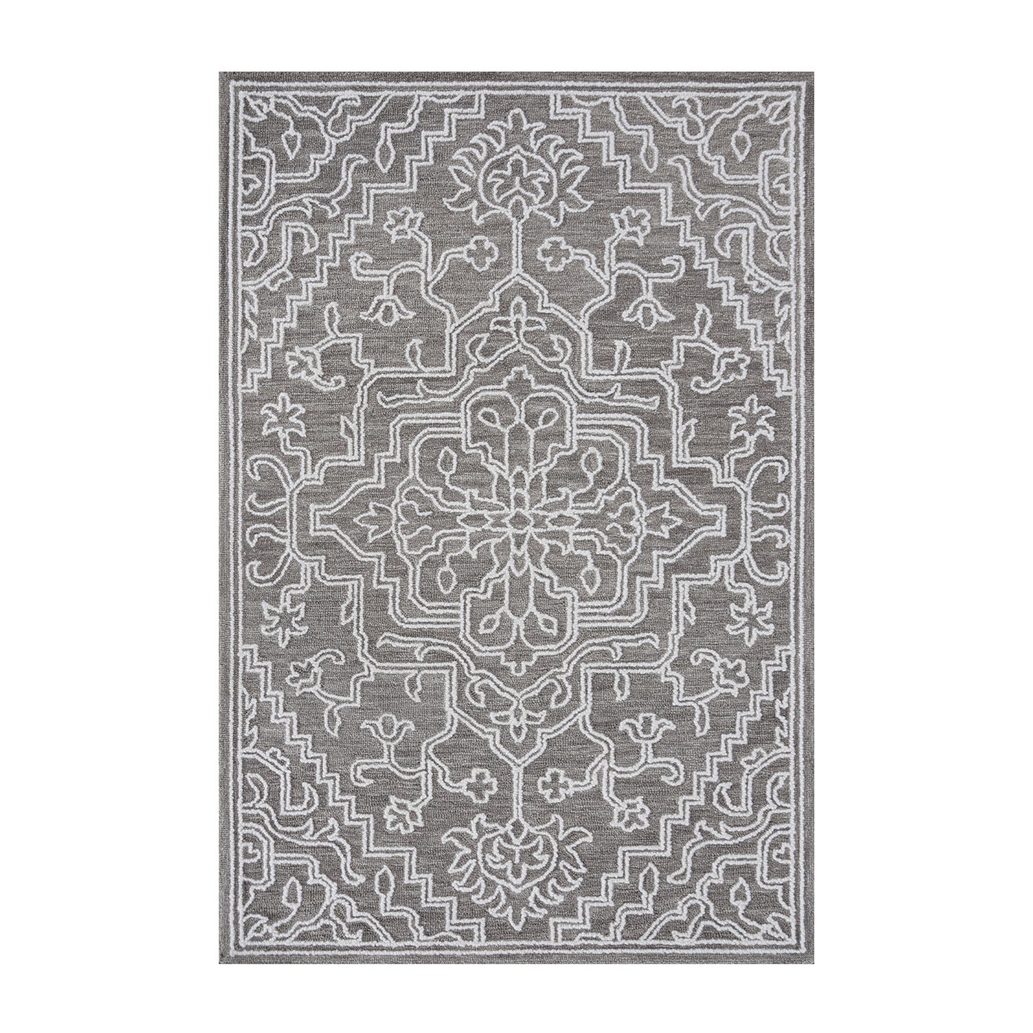 Natural-toned wool rug featuring an intricate ivory medallion pattern with ornate geometric and floral detailing on a soft neutral background.

