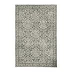 A traditional-style rug in muted Khaki and ivory features an intricate floral damask pattern with an ornate border for a timeless, elegant look.