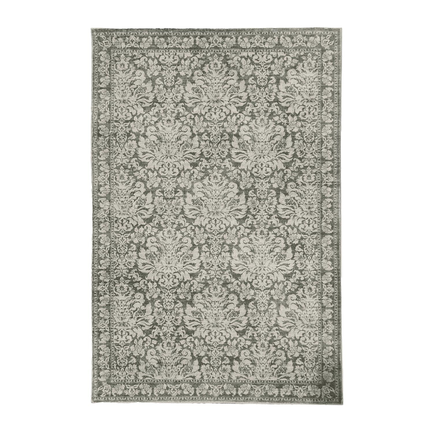A traditional-style rug in muted Khaki and ivory features an intricate floral damask pattern with an ornate border for a timeless, elegant look.