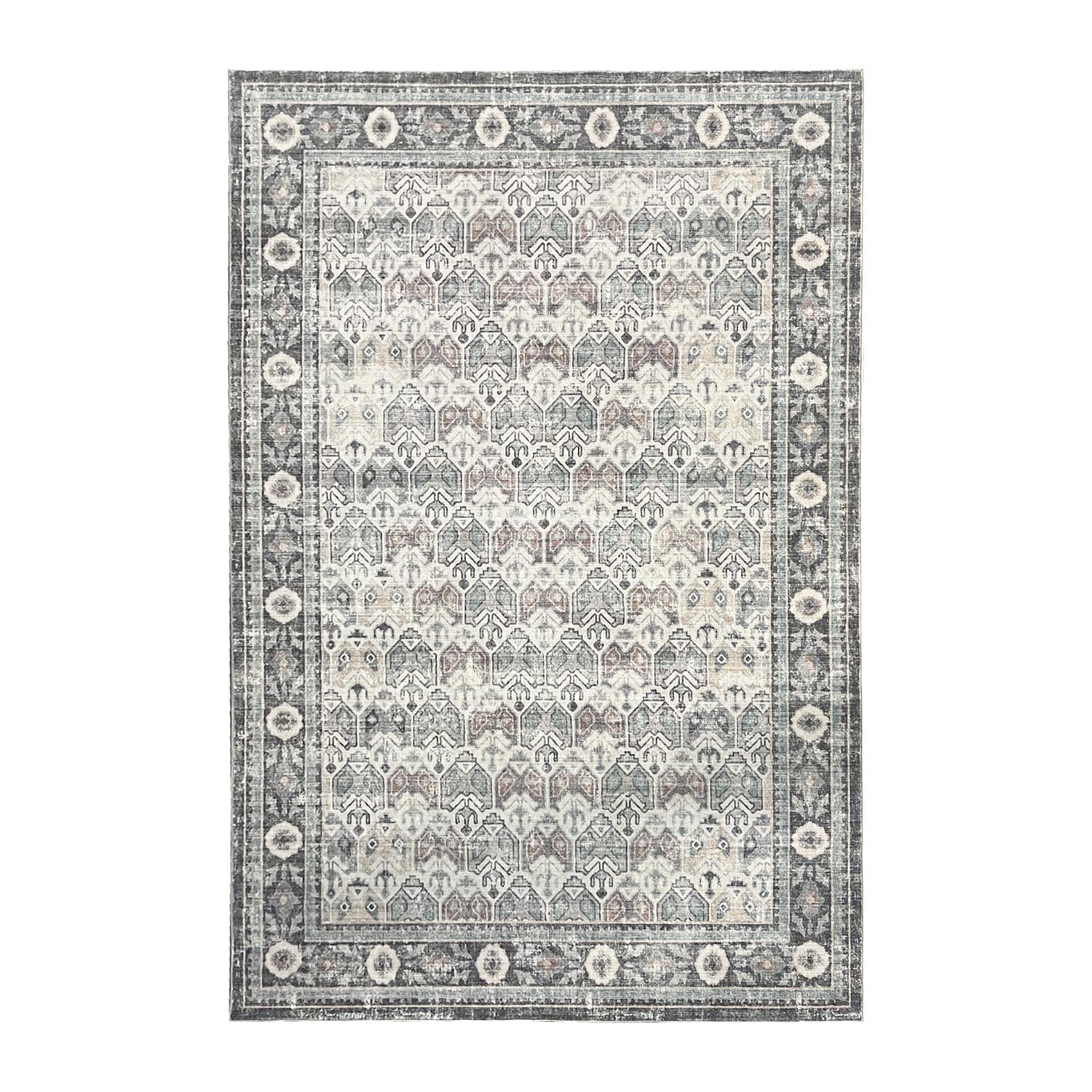 Design Republique Dexy Border Rug in Silver with a distressed geometric pattern and light grey border.