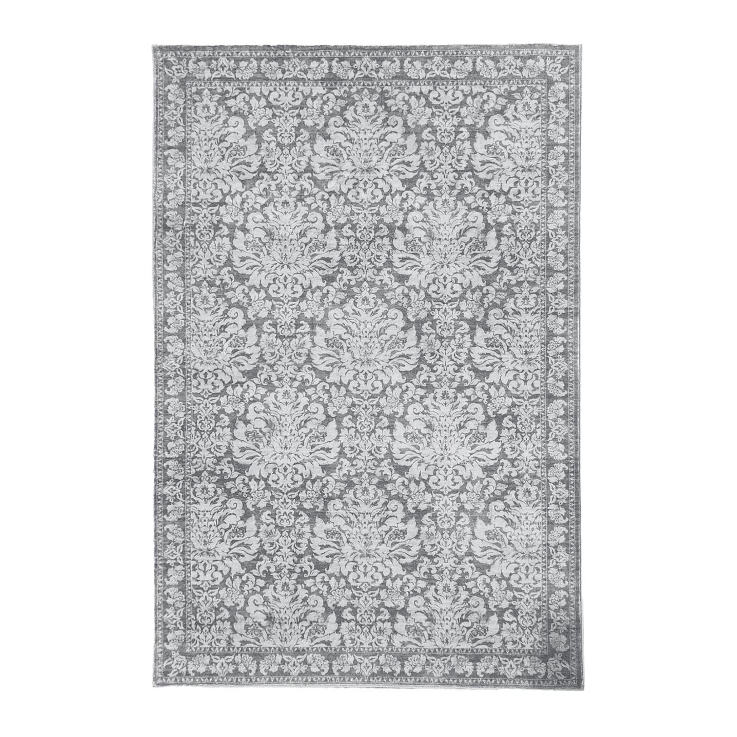 Gracious Living Lilibeth Floral Plush Rug in Silver with a soft grey and white floral pattern and bordered edge.