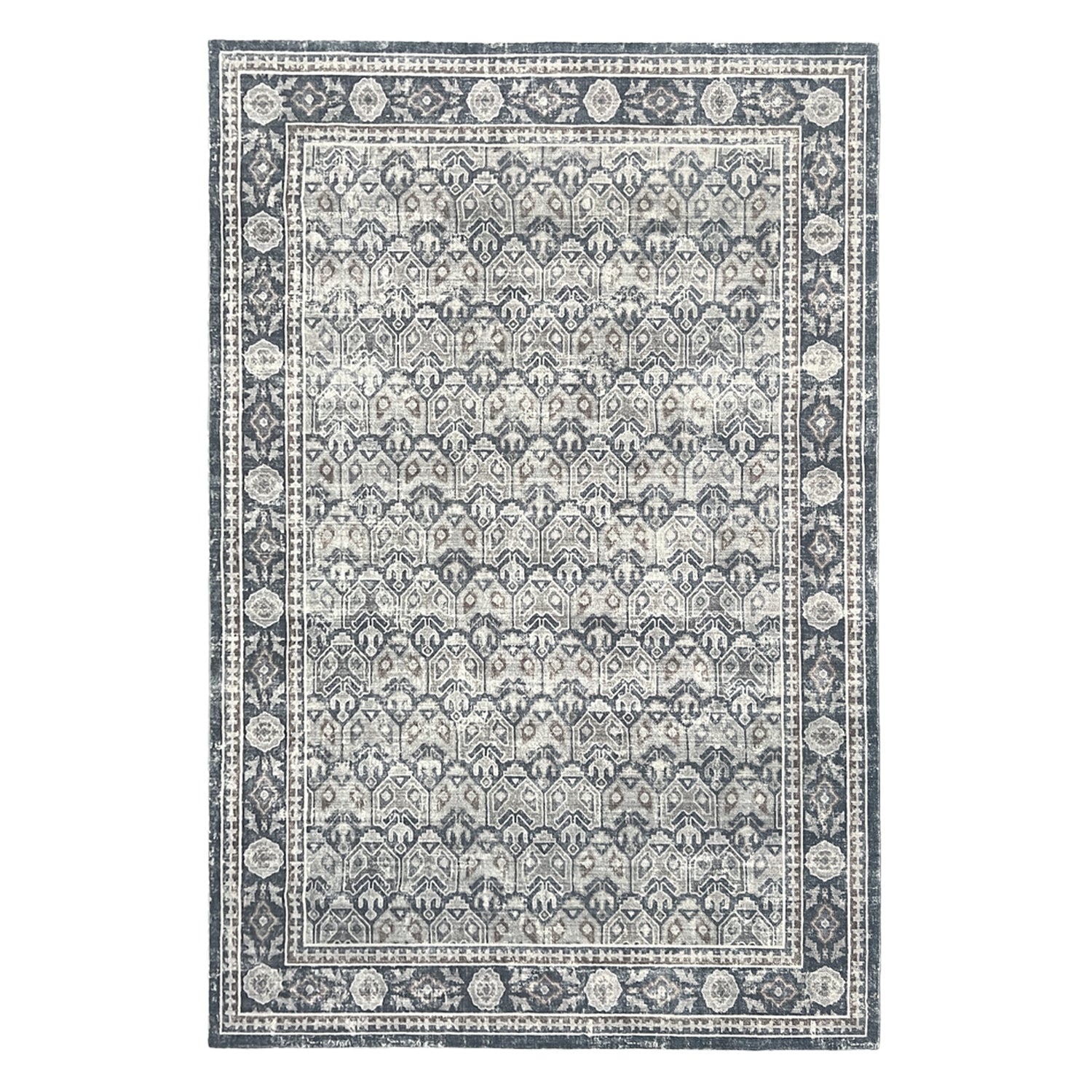 Design Republique Dexy Border Rug in Charcoal with a distressed geometric pattern and dark border.