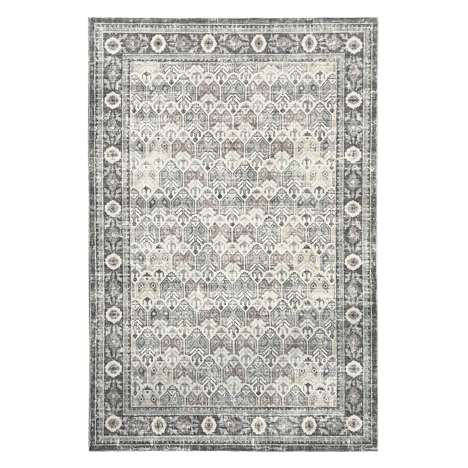 Design Republique Dexy Border Rug in Silver with a distressed geometric pattern and light grey border.
