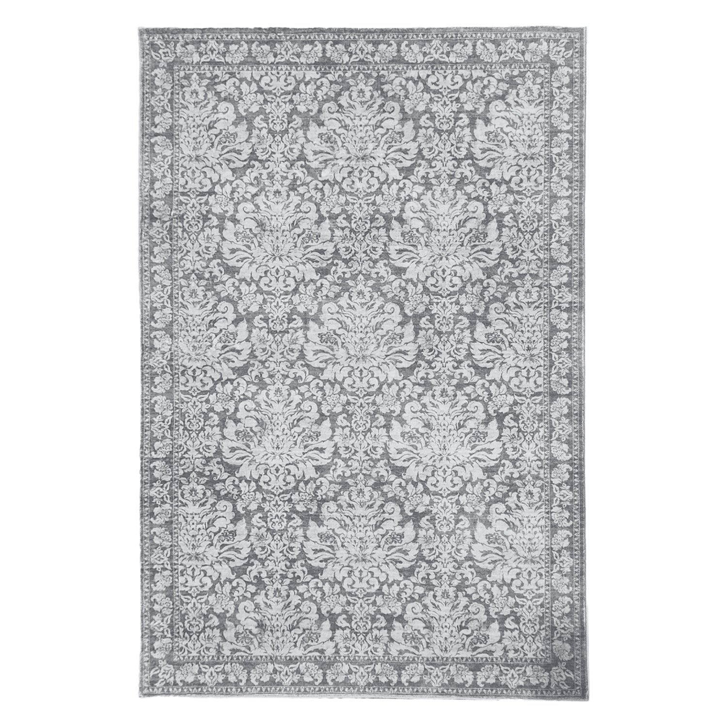 Gracious Living Lilibeth Floral Plush Rug in Silver with a soft grey and white floral pattern and bordered edge.