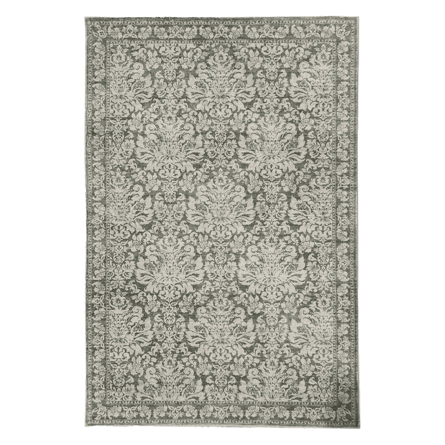 A traditional-style rug in muted Khaki and ivory features an intricate floral damask pattern with an ornate border for a timeless, elegant look.