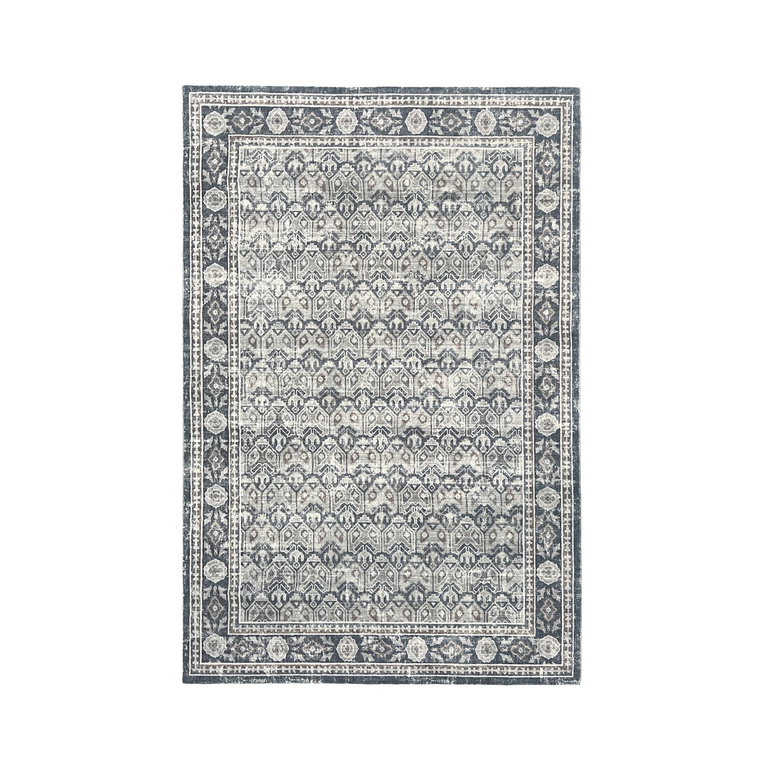 Design Republique Dexy Border Rug in Charcoal with a distressed geometric pattern and dark border.