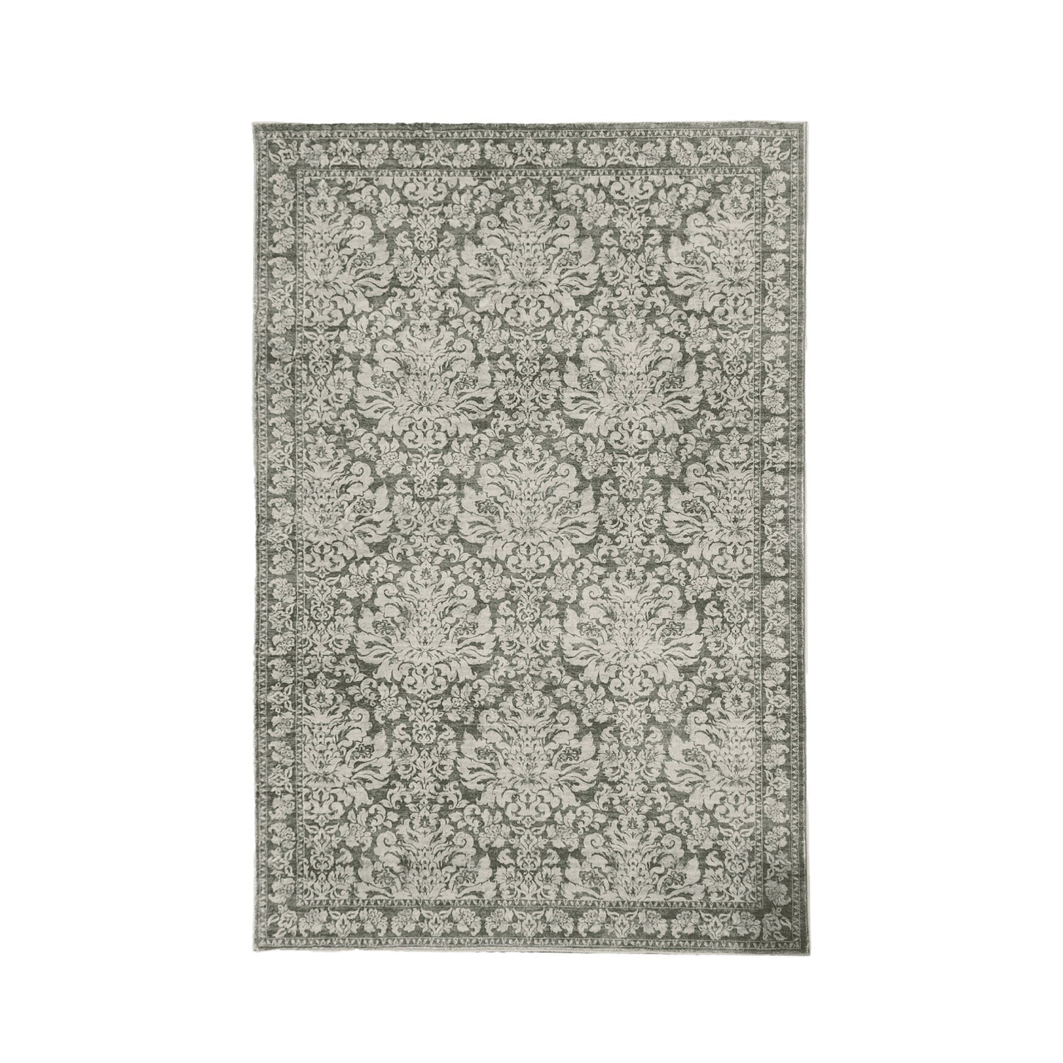Gracious Living Lilibeth Floral Plush Rug in Khaki with a muted green and cream floral pattern and bordered edge.