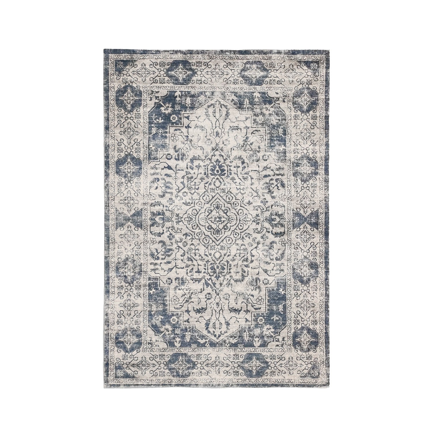Design Republique Dexy Border Rug in Ink with a distressed blue and cream medallion pattern and bordered edge.