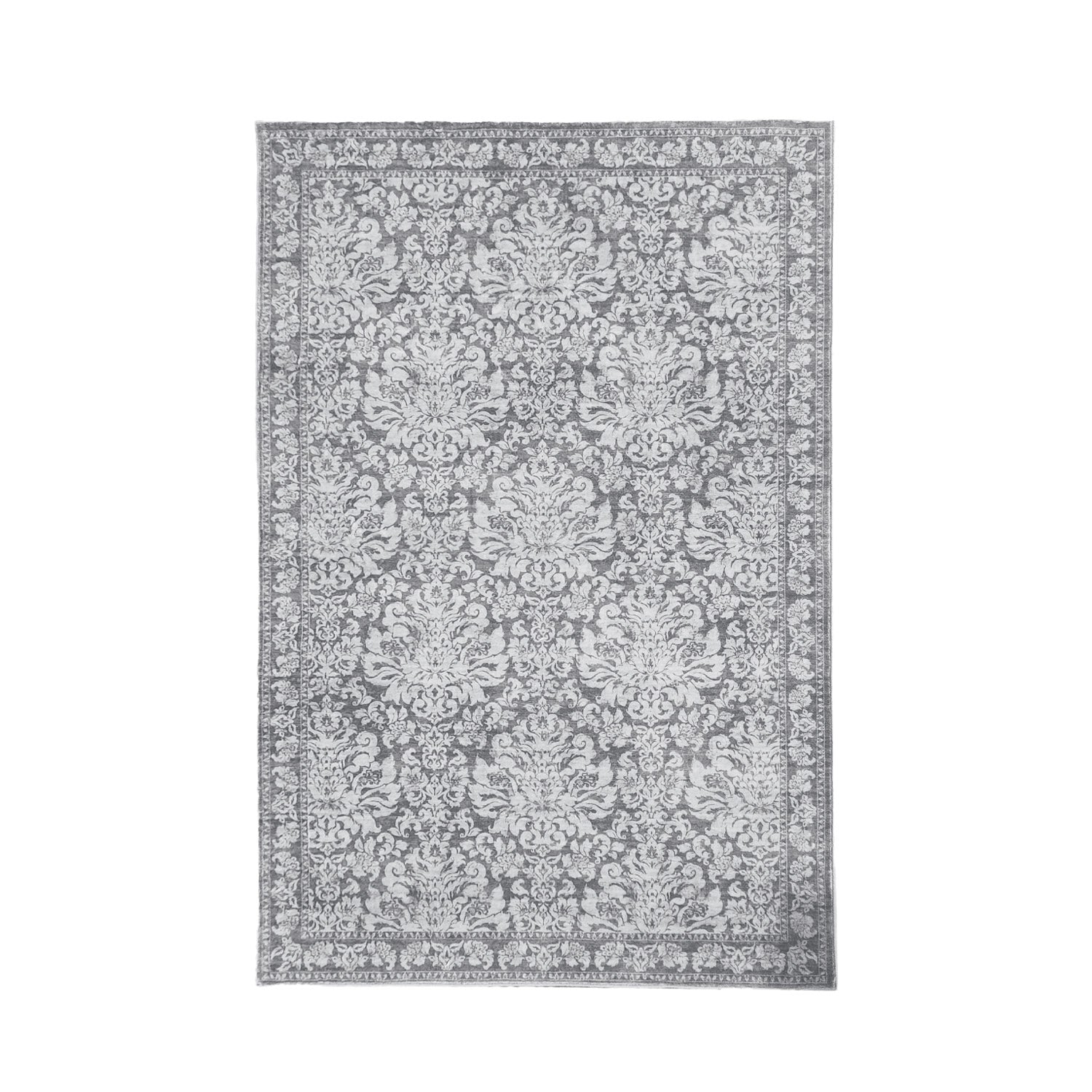 Gracious Living Lilibeth Floral Plush Rug in Silver with a soft grey and white floral pattern and bordered edge.