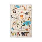Kids Adventure Rug (120 × 180cm) in Ivory, featuring a playful illustrated road map with safari animals including a lion, giraffe, elephant, zebra, crocodile, tiger, rhino, monkey and tortoise, along with cars, trees and blue watering holes.