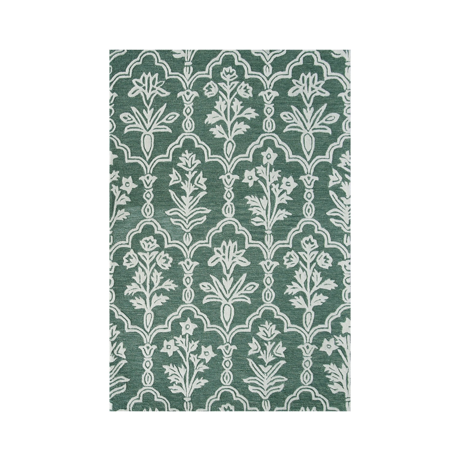 Green rug with a white floral trellis pattern, shown flat on a white background.
