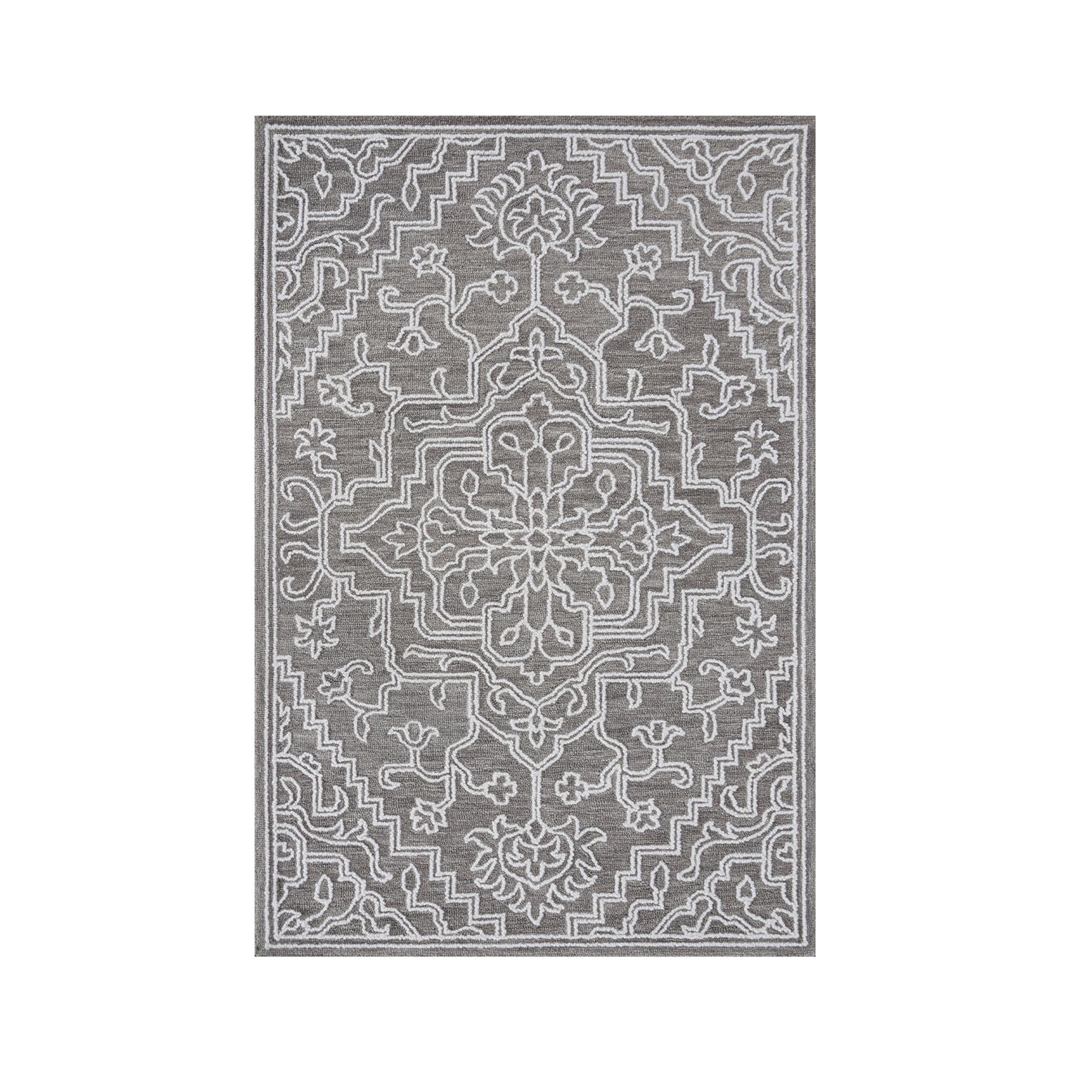 Natural rug with an ivory ornate medallion pattern and matching border, shown flat on a white background.
